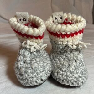 Cozy Gray and Red Knit Baby Booties, size 6-12M
